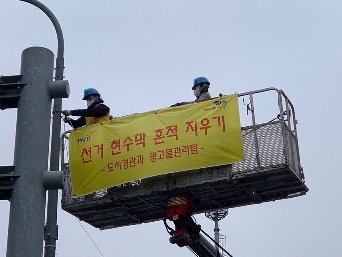 파주시가 선거 현수막 흔적(노끈 등) 지우기 일환으로 가로등의 노끈 등을 제거하고 있다.(사진=파주시 제공)