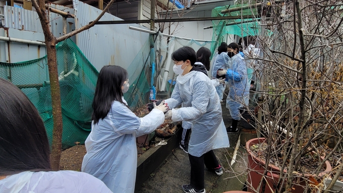 남동청소년문화의집 소속 청소년들이 열심히 연탄을 나르고 있다. ( 사진 = 남동구 제공 )