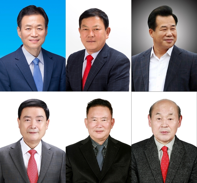 왼쪽 위부터 시계방향으로 강진석, 김기인, 박영우, 이환섭, 유일용, 오성배 예비후보.