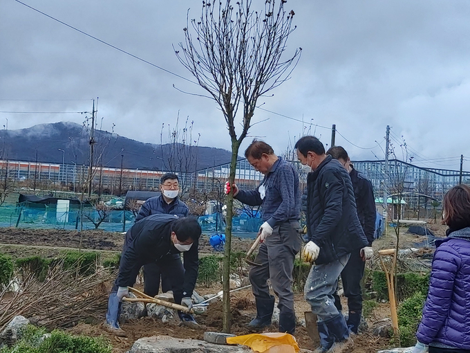 성남시민농원에 무궁화 나무 심고 있는 4-H지도자회 회원들. (사진=성남시 제공)