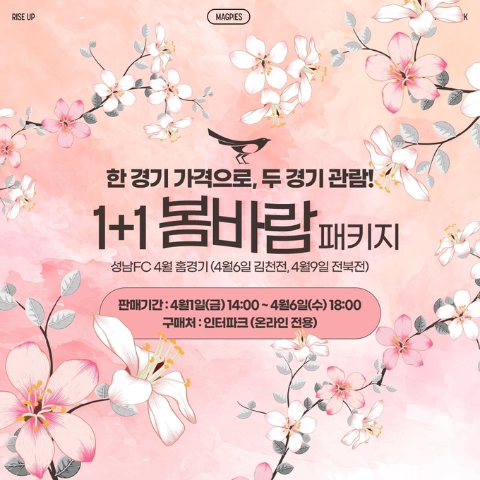 프로축구 K리그1 성남FC가 한 경기 가격으로 두 경기를 관람할 수 있는 ‘1+1 봄바람 패키지’를 판매한다. (사진=성남FC 제공) 