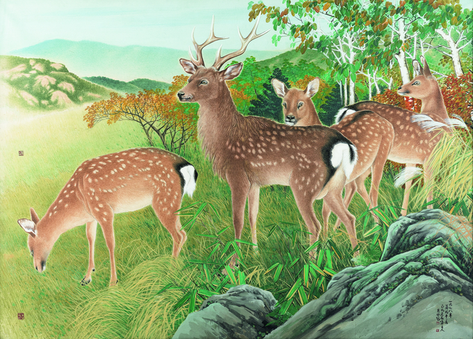 월전 장우성 ‘군록 群鹿 Herd of Deer’ 1978, 종이에 수묵채색, 170.7×239cm, 고려대학교박물관. (사진=이천시립월전미술관 제공)