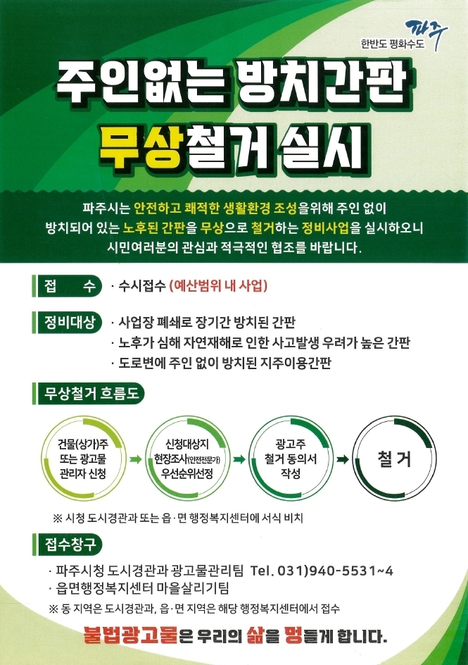 파주시의 주인없는 방치간판 철거 지원사업 안내 홍보물(사진=파주시 제공)