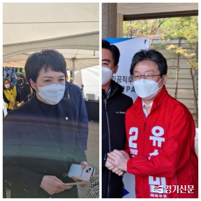 지난 16일 안산 화랑유원지에서 열린 ‘4·16세월호 참사 8주기 기억식'을 찾은 국민의힘 김은혜 의원과 17일 수원 동남보건대학교에서 PPAT를 치르는 국민의힘 광역‧기초의원 예비후보자들을 찾은 유승민 전 의원. (사진=허수빈 기자)