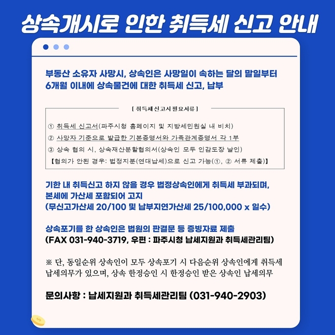 파주시는 상속 부동산 취득세 신고납부 적극 안내 홍보물(사진=파주시 제공)