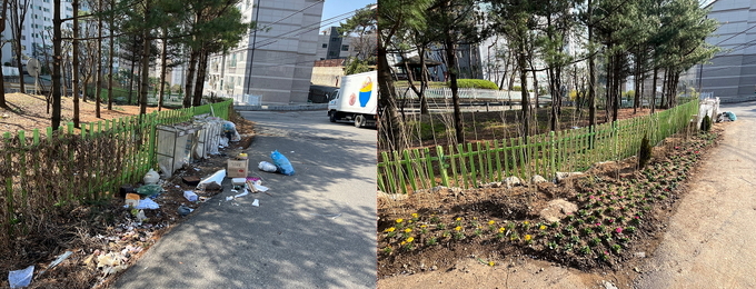 광주시 쌍령동이 쓰레기 무단투기지역을 정리해 무궁화등 봄꽃을 식재해 화단으로 조성했다.(사진=광주시 제공)