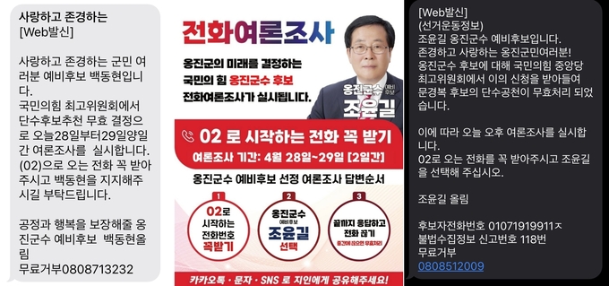28일 인천 옹진군수 예비후보들이 보낸 경선 투표 독려 메시지. ( 사진 = 휴대전화 화면 갈무리 )