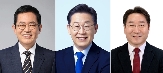 왼쪽부터 더불어민주당 박남춘 인천시장 후보와 이재명 상임고문, 유정복 국민의힘 인천시장 후보.( 사진 = 경기신문DB )