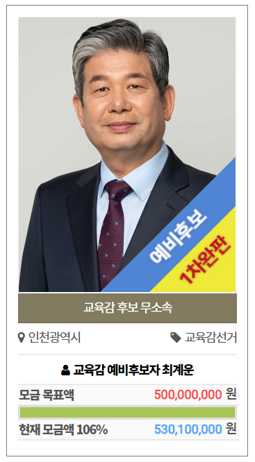 최계운 인천시교육감 예비후보가 6일 오전 11시 출시한 ‘교육펀드’가 45분만에 목표액인 5억 원을 넘겨 조기 마감됐다.( 사진 = 최계운 캠프 제공 )