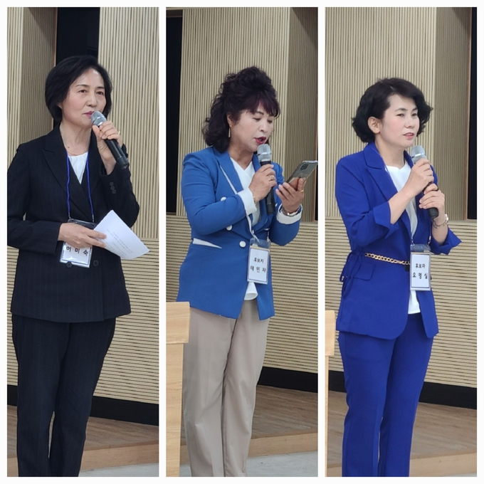 왼쪽부터 이미숙, 태민자, 오명실 후보가 정견 발표를 하고 있다. (사진=문석완 기자)