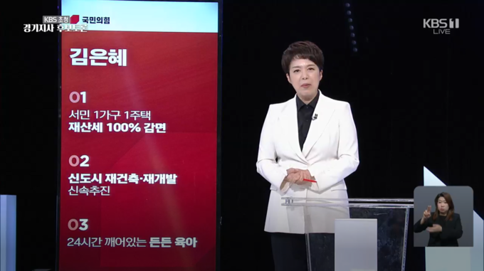김은혜 국민의힘 경기도지사 후보는 12일 KBS 주관 경기도지사 후보 토론회에서 주요 공약 발표를 하고있다. (사진=방송화면 캡쳐)