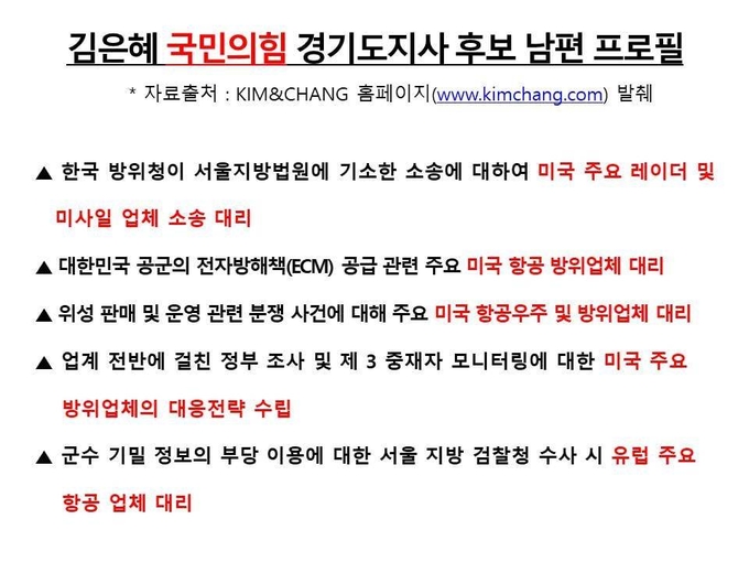 김동연 더불어민주당 경기지사 후보 선거대책위원회가 논평을 통해 지적한 김은혜 국민의힘 후보 배우자의 주요 소송 이력. (사진=김동연 캠프 제공)