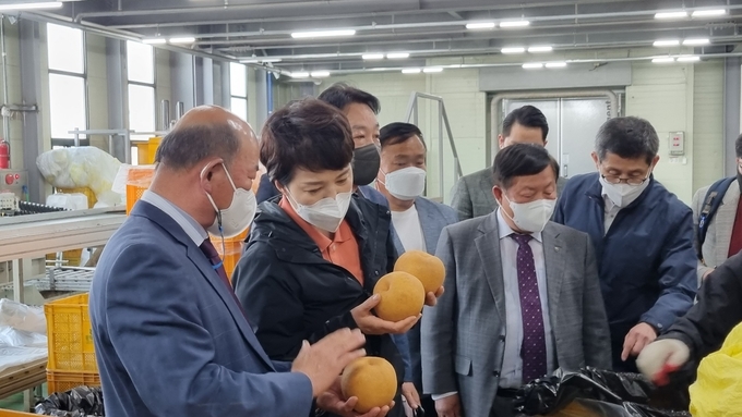 김은혜 국민의힘 경기도지사 후보는 지난 3일 평택의 농산물 산지 유통센터 건강과일사업 현장을 방문했다. (사진=허수빈 기자)