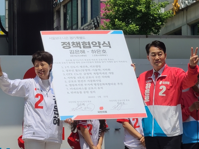 김은혜 국민의힘 경기도지사 후보가 하은호 군포시장 후보와 함께 정책협약서에 서명했다. (사진=김기웅 수습기자)