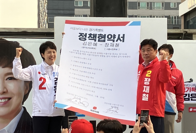 국민의힘 시흥시장 장재철 후보와 경기도지사 김은혜 후보 ‘원팀 정책 협약식’개최했다.(사진=장재철 사무소 제공)