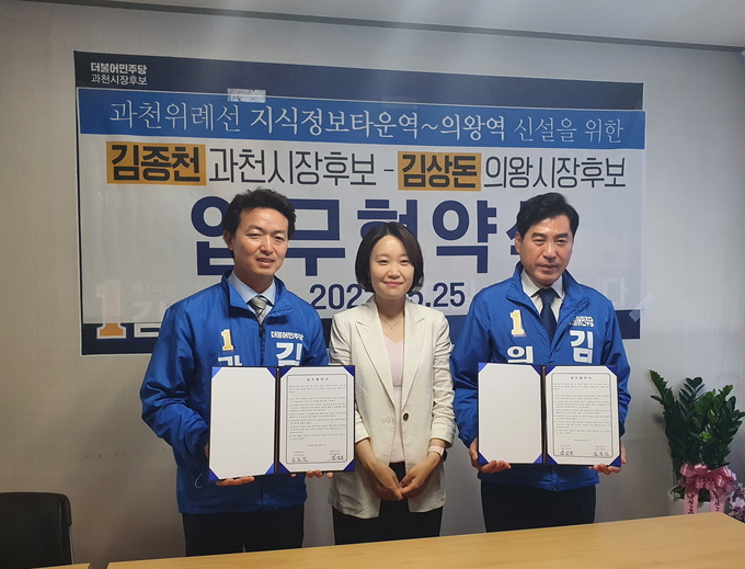 김종천 더불어민주당 과천시장 후보와 김상돈 의왕시장 후보는 25일 과천위례선 연장을 위한 업무협약식을 체결하고 공동 추진해 나가기로 했다.(사진=김종천 더불어민주당 과천시장 후보 사무실 제공)