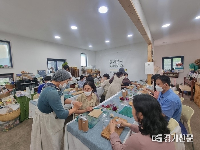 상담교사들이 포천 구절초 돌비누 만들기 체험을 하고 있다. (사진=포천교육지원청 제공)
