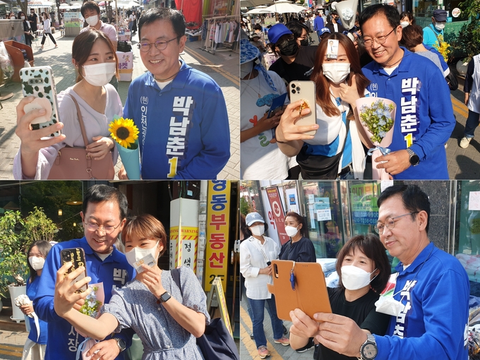 28일 오후 인천 부평구 부평문화의 거리에서 박남춘 더불어민주당 인천시장 후보가 지지자들의 요청으로 사진촬영을 하고 있다. ( 사진 = 최태용 기자 )