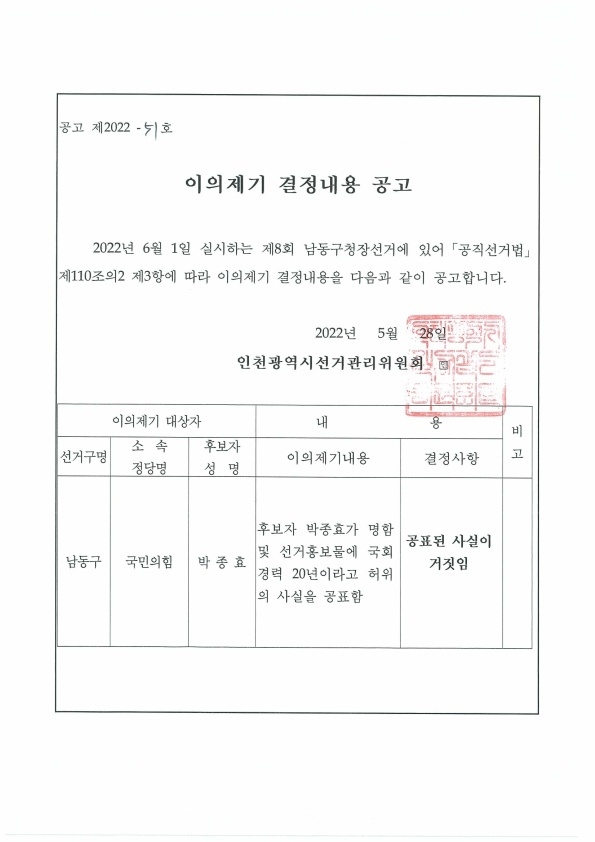 인천시선관위의 국회경력 이이제기 결정 공고.