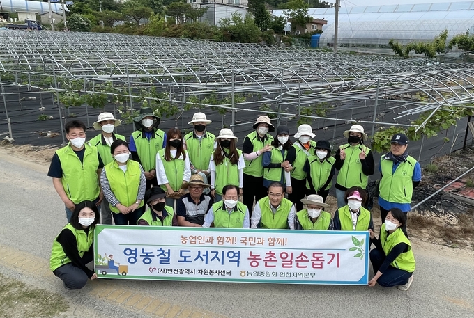 옹진군 도서지역 포도농가 일손돕기에 나선 자원봉사자들이 함께 사진촬영을 하고 있다. ( 사진 = 인천농협본부 제공 )
