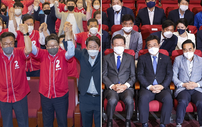 출구조사 결과발표 방송 지켜보는 여야 (사진=연합뉴스/자료사진)