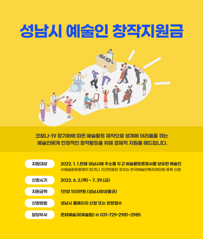  예술인 창작지원금 신청 안내 포스터. (사진=성남시 제공)