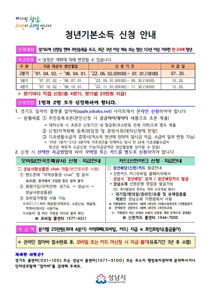 성남시 청년기본소득 신청 안내문. (사진=성남시 제공)