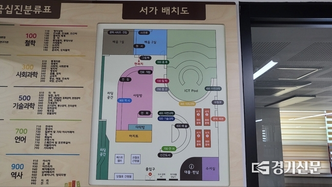 대지중학교 도서관 러닝센터의 서가 배치도. (사진=김한별 기자)