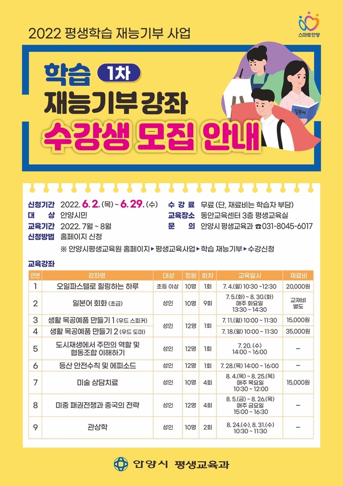 안양시의 1차 재능기부강좌 모집 홍보 포스터.(사진=안양시 제공)