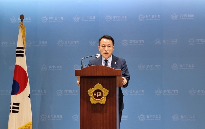 경기도의회 더불어민주당 소속 정승현(안산4) 의원은 15일 도의회 브리핑룸에서 제11대 도의회 대표의원 선거 출마를 선언했다. (사진=허수빈 기자)