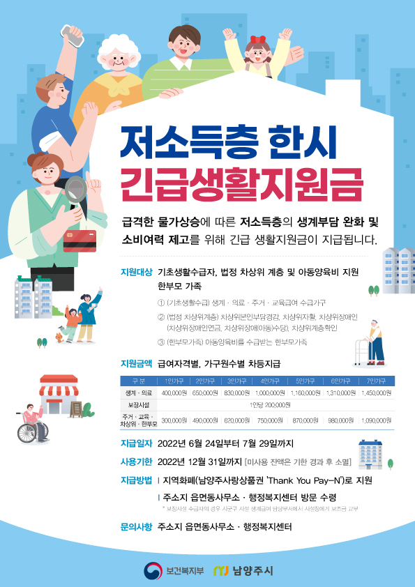 저소득층 한시 긴급생활지원금 지급 관련 홍보 포스터.(사진=남양주시 제공)
