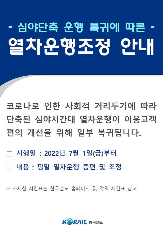 7월 1일자로 변경된 전동열차 운행 시간에 대한 안내문.(사진=코레일 수도권광역본부 제공)