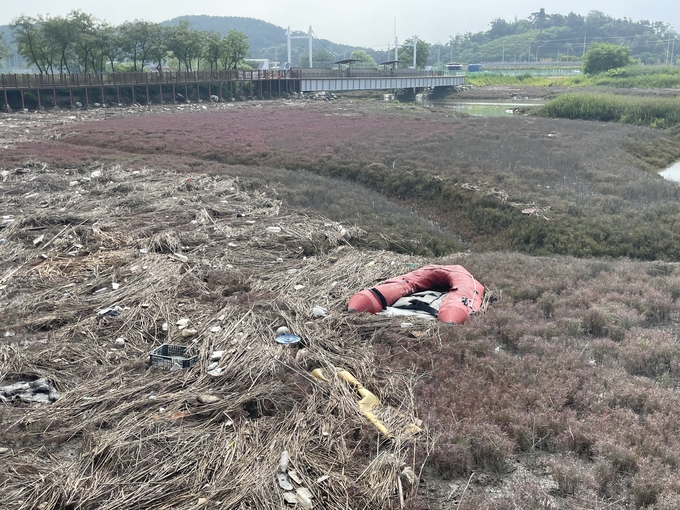 18일 인천 남동구 소래습지생태공원 내 갯벌에 각종 부유물과 고무보트 등 쓰레기가 떠내려와 염생식물 군락지를 뒤덮고 있다. ( 사진 = 조경욱 기자 )