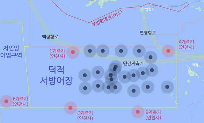 서해특정해역 내 저인망 어업구역과 덕적 서방어장에 설치될 인천시 계측기 위치와 기존에 점사용 허가를 받은 민간계측기 위치. ( 그래픽 = 조경욱 기자 )