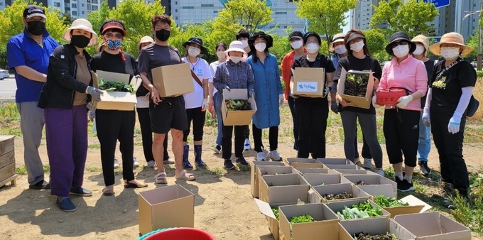 인천 이음텃밭 참여자들이 꽃동네회관에 기부할 채소들을 수확한 뒤 기념촬영을 하고 있다. ( 사진 = 인천시 제공 )