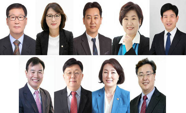 (위쪽 왼쪽부터) 박광순 의장, 박은미 부의장, 최종성 의회운영위원장, 박경희 행정교육위원장, 고병용 경제환경위원장, (아래 왼쪽부터) 안극수 문화복지위원장, 안광림 도시건설위원장, 김선임 예결특위원장, 황금석 윤리특위원장.(사진=성남시의회 제공)