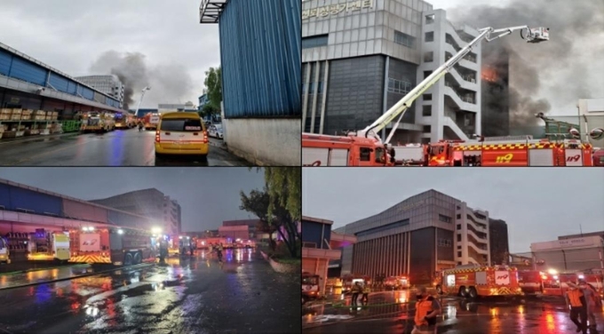 2일 오후 인천 동구 화수동 두산인프라코어 연구동에서 불이나 소방당국이 진화작업을 벌이고 있다. ( 사진 = 인천소방본부 )