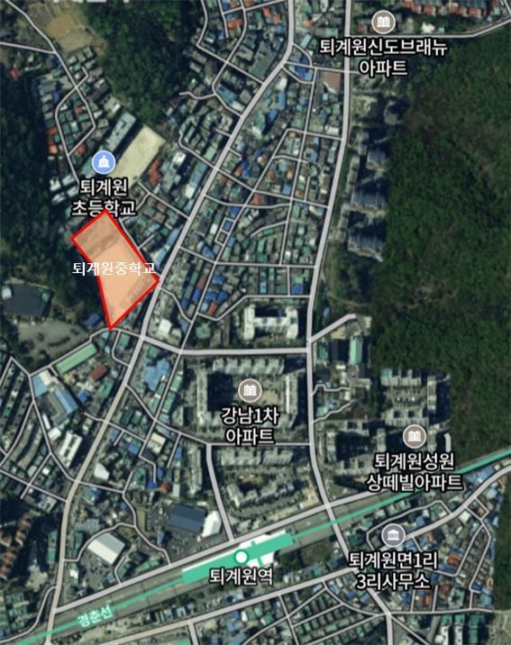남양주시가 퇴계원 일대 주차난 해소를 위해 퇴계원중학교 운동장 지하에 공영주차장 건립을 추진하고 있다.(위치도=남양주시 제공)
