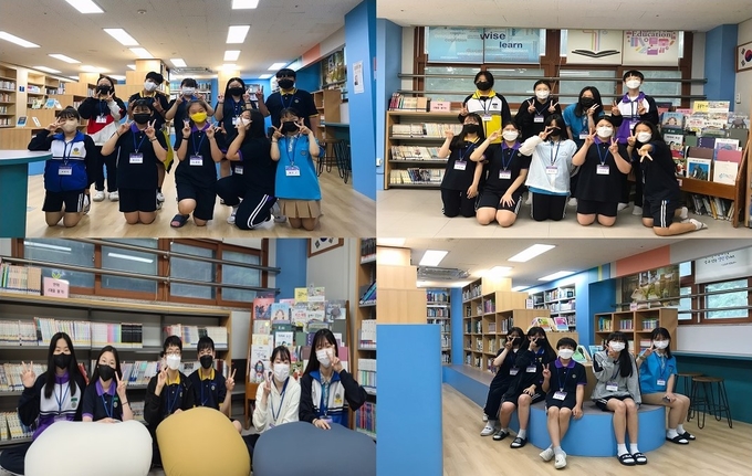 책 마당 도서관 도서부 학생들(시계방향으로 행사기획분과·홍보분과·자료선정분과·정보봉사분과). (사진=시흥군자중학교 제공)