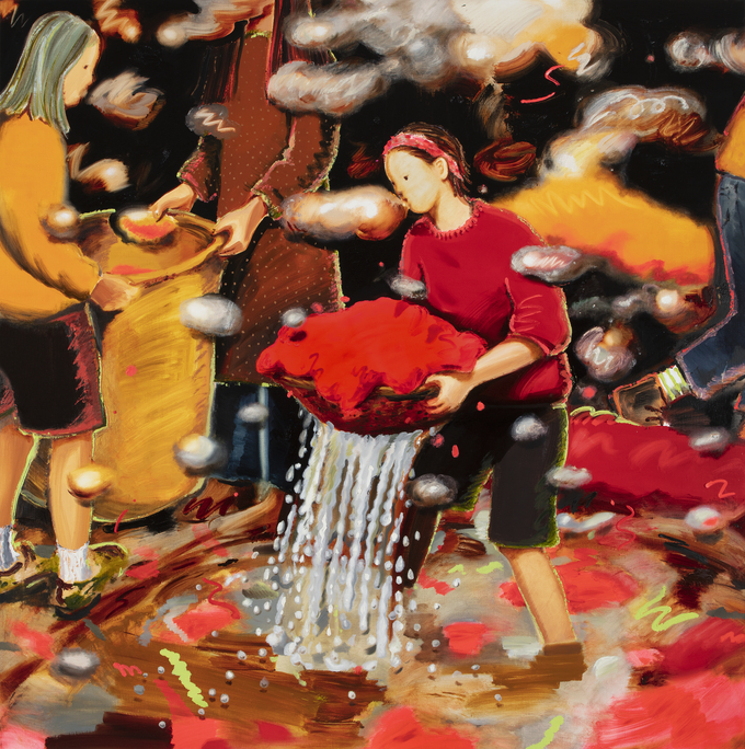 최수진, 빨강 건져올리기(Scooping Up the Red), oil on canvas, 181.8x181.8cm, 2021. (사진=구하우스 미술관 제공)