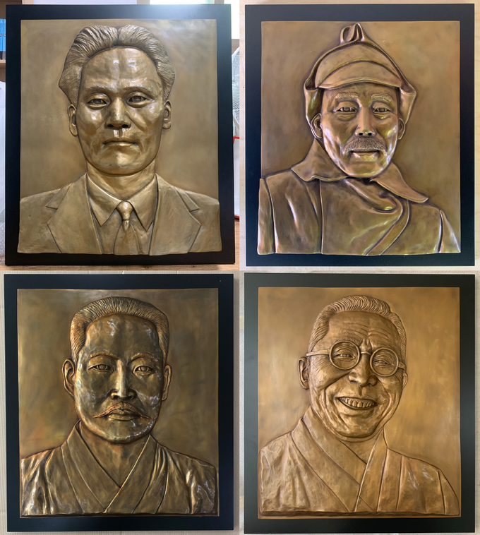 지금까지 기증한 윤봉길, 홍범도, 김좌진, 김구의 부조작품 모음. (사진=서경덕 교수 제공)