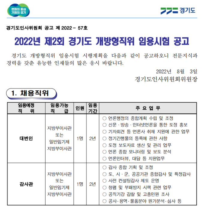 도 대변인과 감사관을 뽑는 공개채용 방식의 ‘2022년 제2회 경기도 개방형직위 임용시험’ 원서접수가 16일부터 22일까지 진행된다. (사진=경기도 제공)