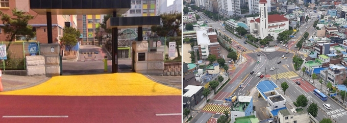 인천시 초등학교 어린이보호구역에 설치된 노란색 슬로우존(왼쪽)과 노란색 횡단보도(오른쪽) 모습. ( 사진 = 인천시 제공 ) 