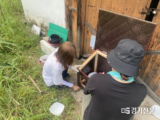 설치된 고양이 급식소에 먹이를 주고 있다. (사진=포천시종합자원봉사센터 제공)