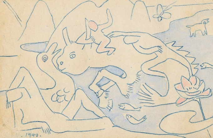 '상상의 동물과 사람들', 1940, 종이에 먹지그림, 채색, 9×14㎝. 국립현대미술관 이건희컬렉션. (사진=국립현대미술관 제공)