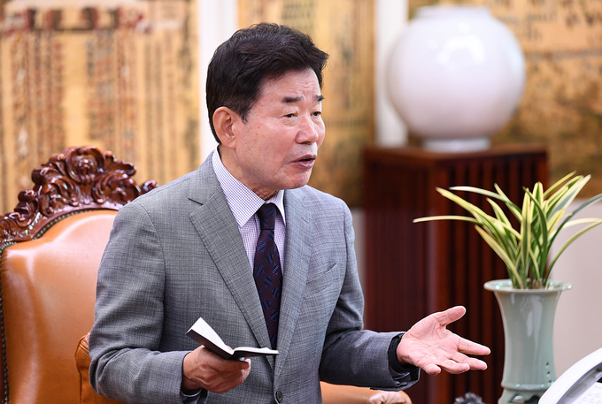 김진표 국회의장이 21일 서울 여의도 국회에서 기자간담회를 하고 있다. (사진=연합뉴스 제공)