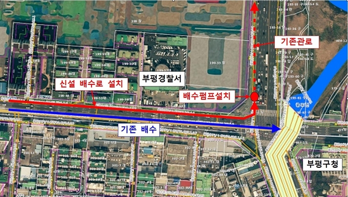 인천시 부평구청 사거리 길주로 구간에 새로 설치되는 배수관과 배수펌프 위치. ( 사진 = 부평구 제공 )