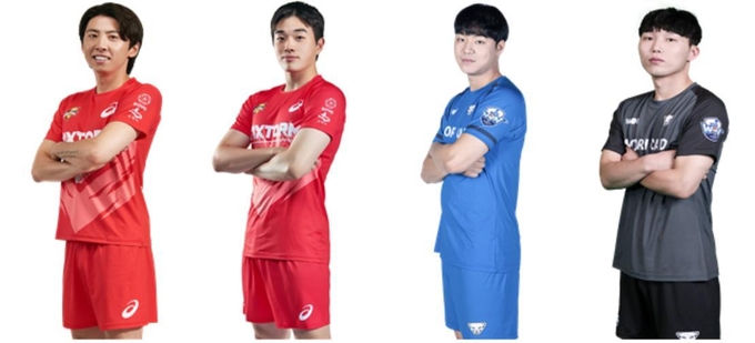 남자프로배구 수원 한국전력과 서울 우리카드가 2022~2023시즌을 앞두고 2:2 트레이드를 단행했다. 왼쪽부터 한국전력에서 우리카드로 이적하는 오재성, 김지한과 우리카드에서 한국전력으로 옮기는 하승우, 장지원. (사진= 한국전력빅스톰배구단 제공)