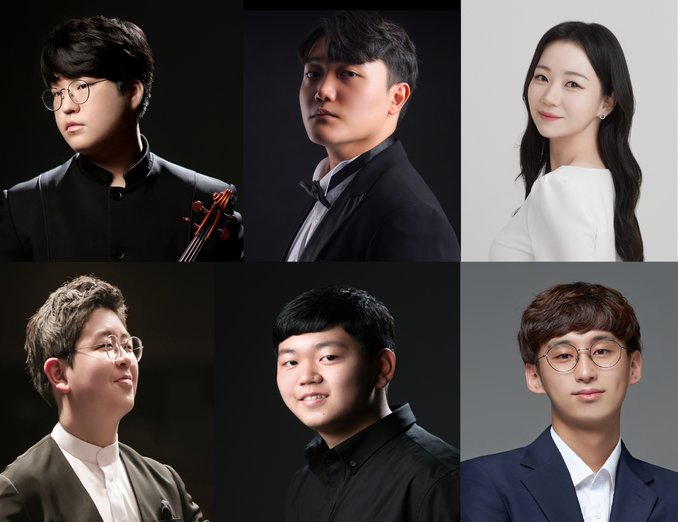 제31회 성정음악콩쿠르 부문별 최우수상 수상자 6인. (윗줄 왼쪽부터)박은중, 노민형, 김예진, 박상혁, 이극찬, 정진. (사진=성정문화재단 제공)
