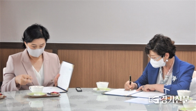 제갈현 포천문화재단 대표이사(왼쪽)과 포천교육지원청 정영숙 교육장(오른쪽)이 협약서에 서명하고 있다. (사진=포천교육지원청 제공)